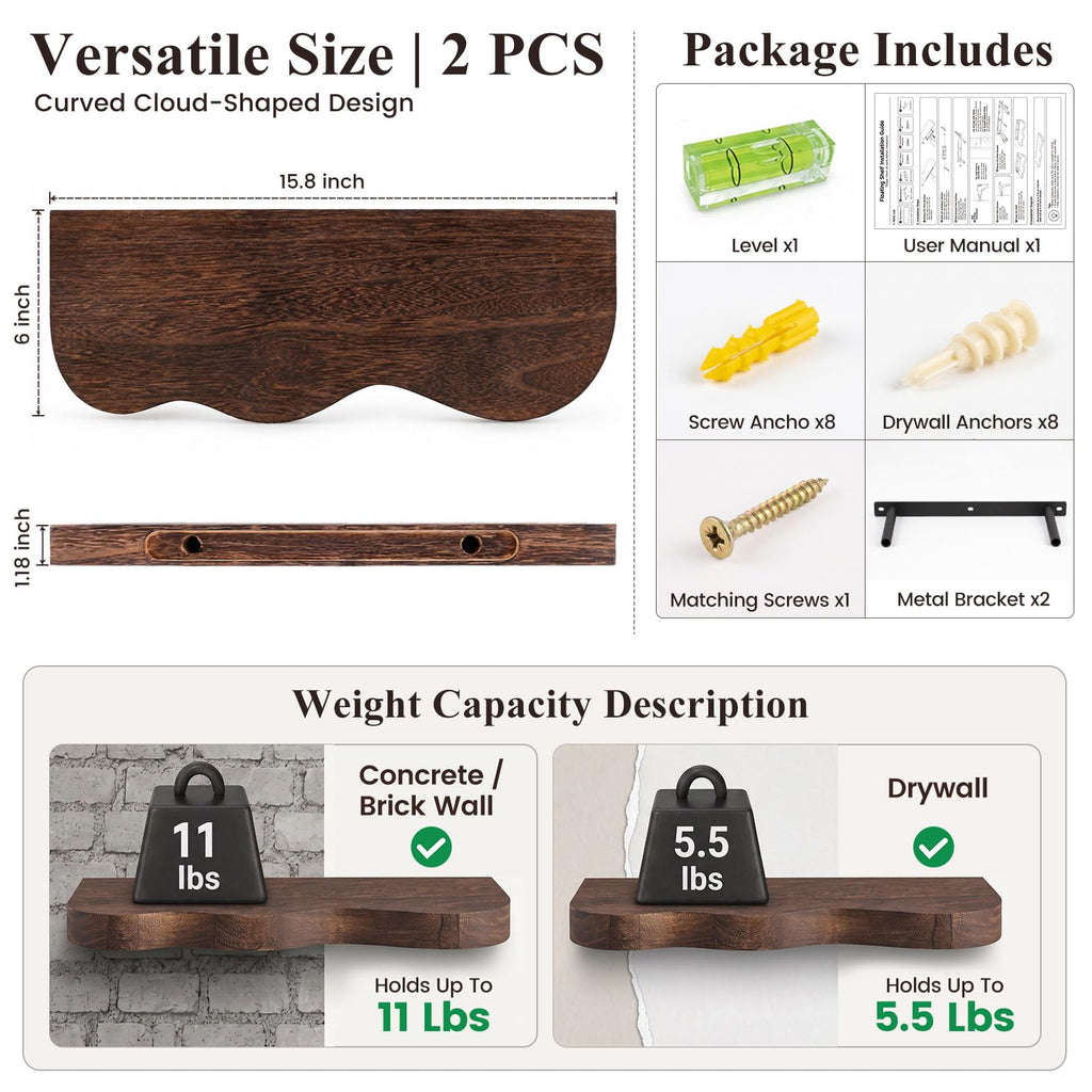 Solid Wood Floating Shelves, 15.8-Inch Wavy Wall Shelf, 2 Pack