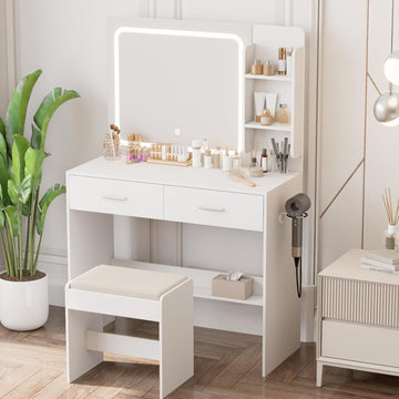 Makeup Vanity Desk with Lighted Mirror and Charging Station, White Vanity Table Set with Stool, 2 Drawers, 2 Shelves