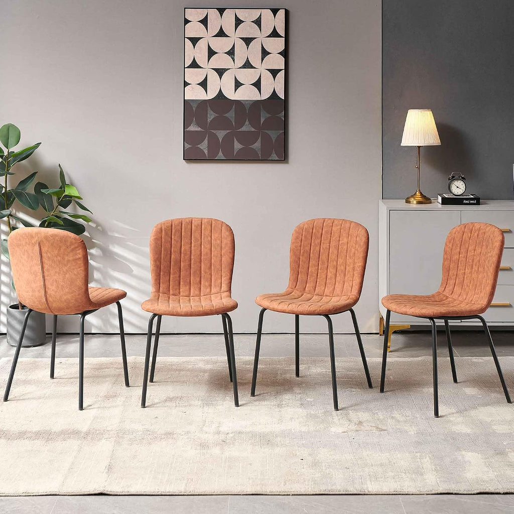 Dining Chair Set of 4, Upholstered PU Leather Seat with Black Metal Legs,Modern Comfortable Kitchen Chair, Curved