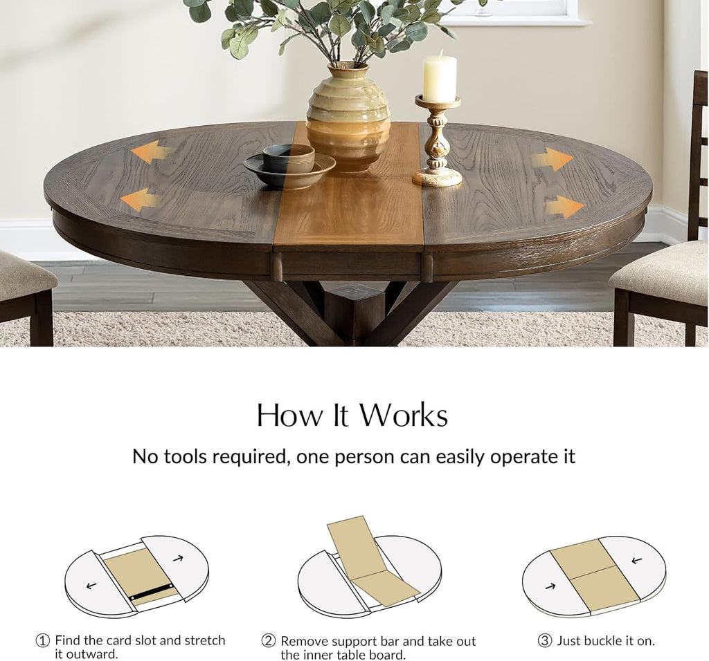 42"-54" Oval Round Extendable Dining Table, Farmhouse Solid Wood Expandable Kitchen Table with Leaves Space