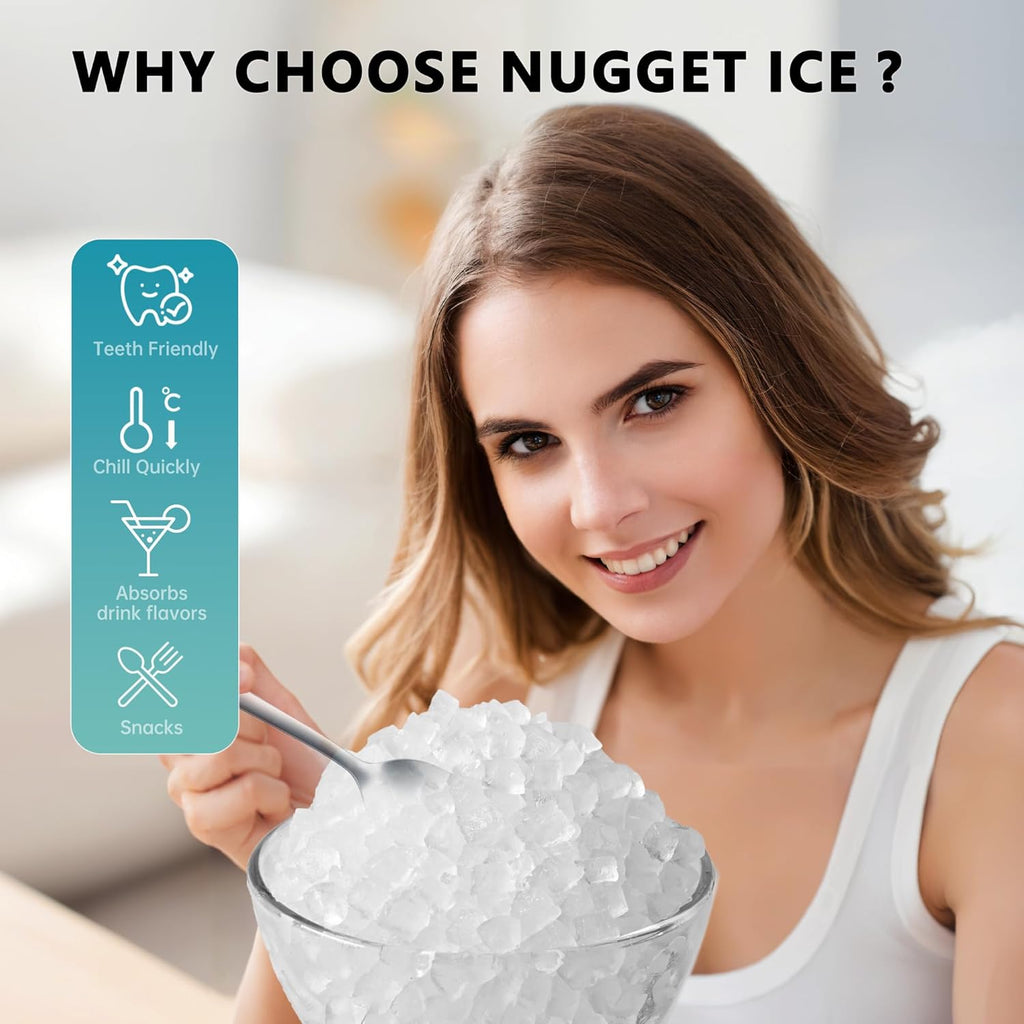 Nugget Ice Maker Countertop with Handle, Ready in 6 Mins, 34lbs Per Day, Removable Top Cover, Auto-Cleaning, Portable