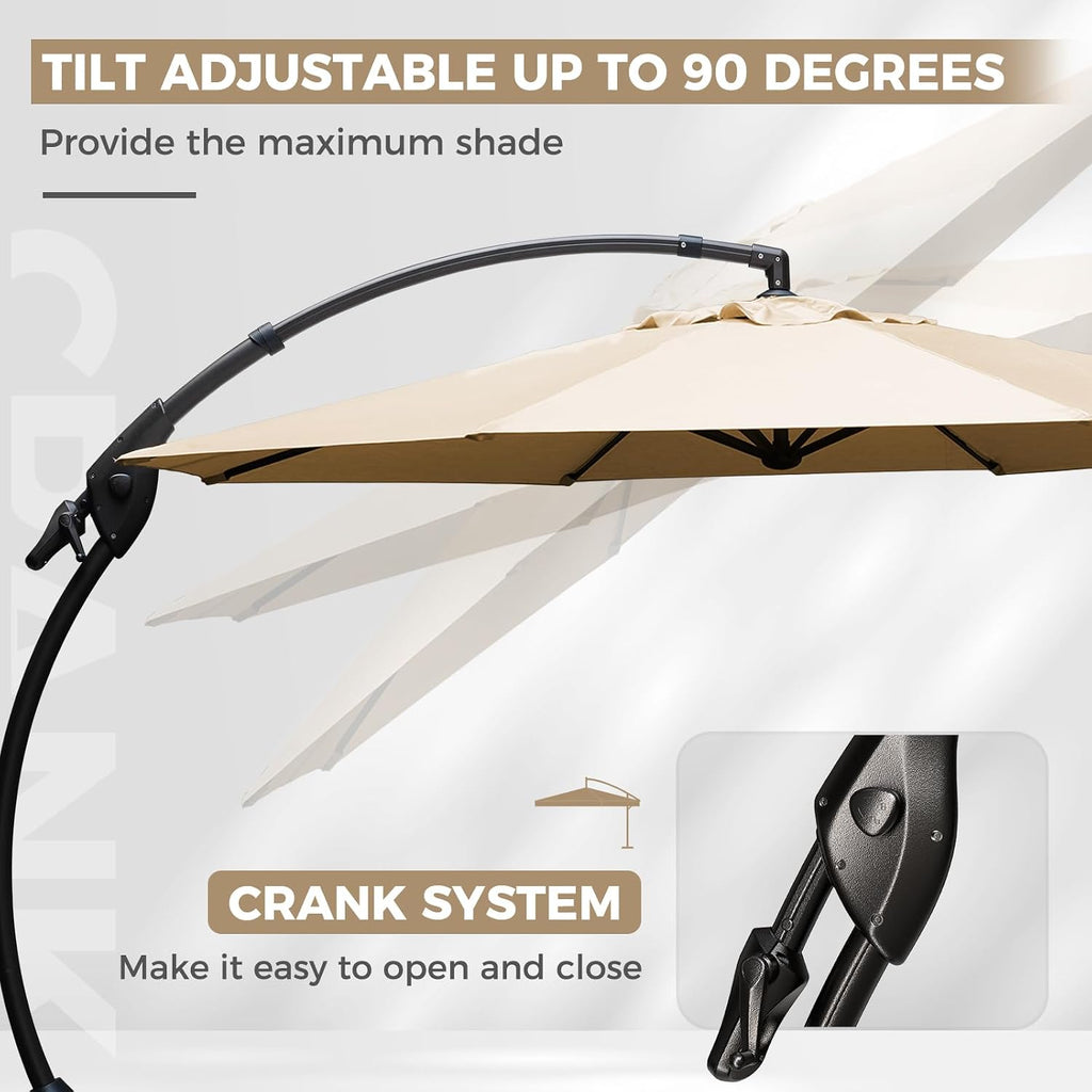 12 FT Sunbrella Cantilever Umbrella with Base Outdoor Aluminum Offset Umbrella with Tilt Adjustment (Flax