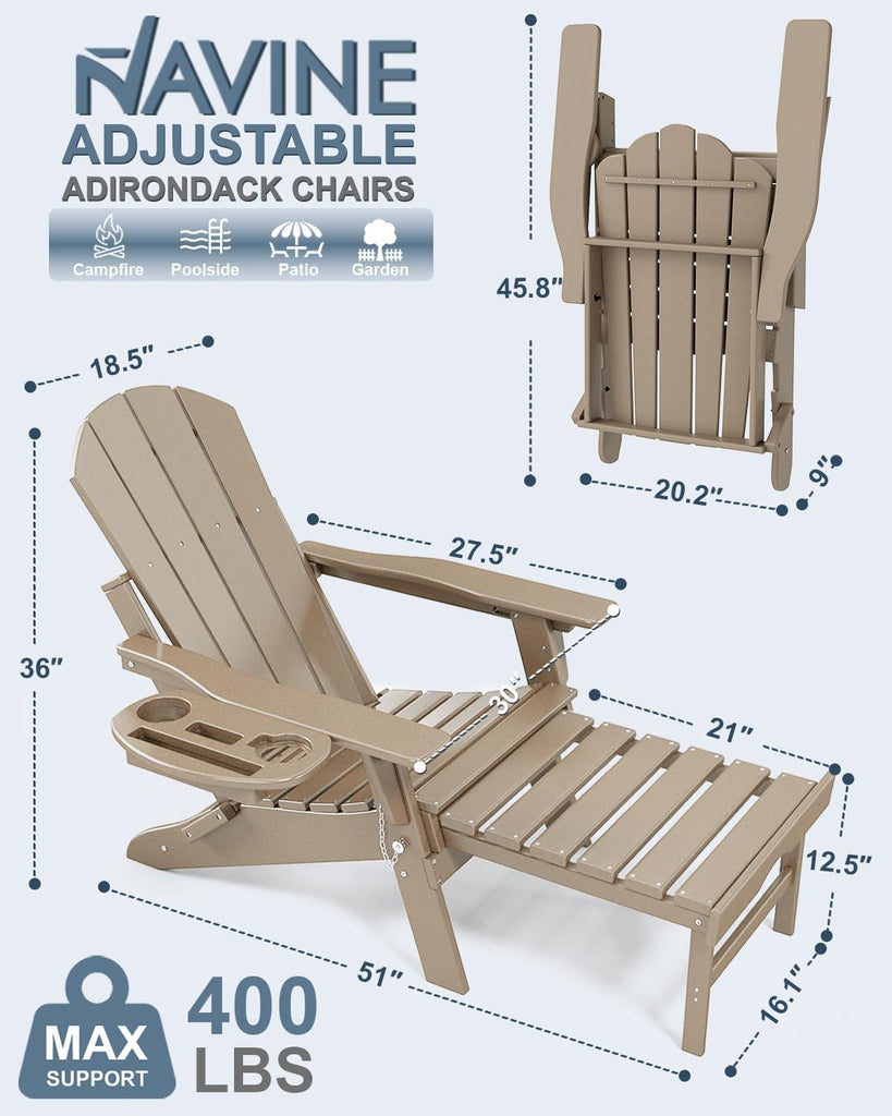 Adjustable Adirondack Chair Set of 2 with Retractable Ottoman, Brown | Folding HDPE Chair with Multifunctional Cup
