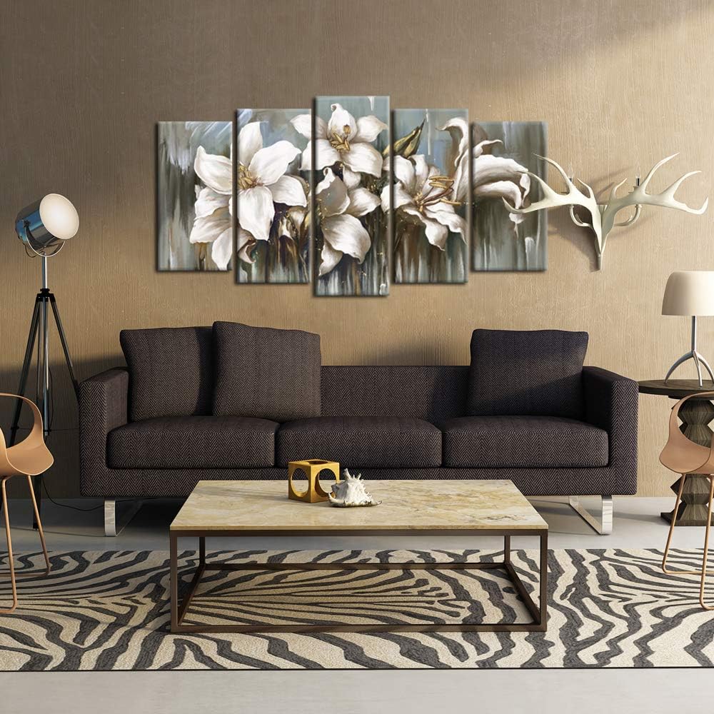 5 Panel Flowers Canvas Wall Art Modern Wrapped Floral Artwork Giclee Canvas Prints White and Grey Tulip Paintings on