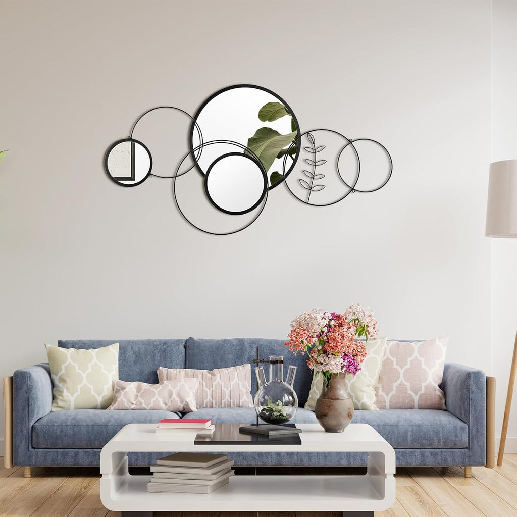 Wall Mirror Decorative 41.34'' x 17.72'' Round Modern Metal Wall Mirrors Set Circle Plates Overlapping Decorations