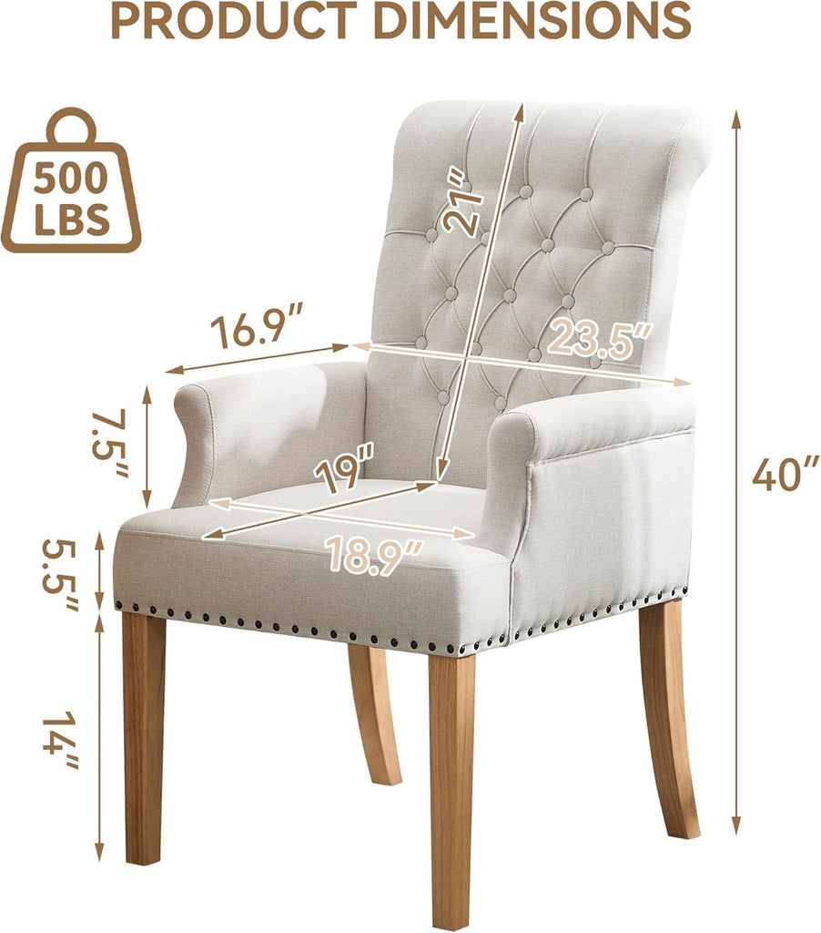 Fabric Dining Chair with Arms, Upholstered Tufted High Back Dining Room Chairs, Accent Armchair with Solid Wood Leg