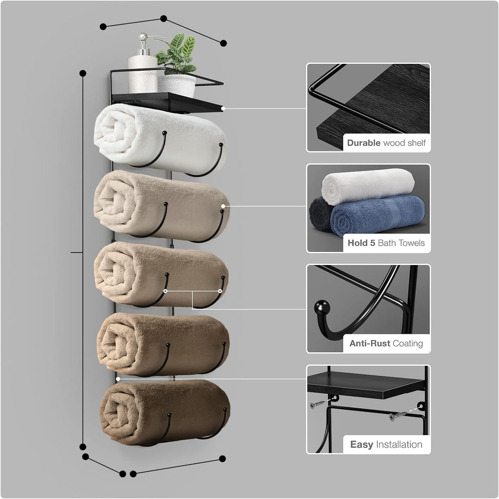 Bathroom Towel Holder - 5 Tier Metal Towel Rack with Wood Shelf for Rolled Bath Towels, Washcloths, Linens, Hand
