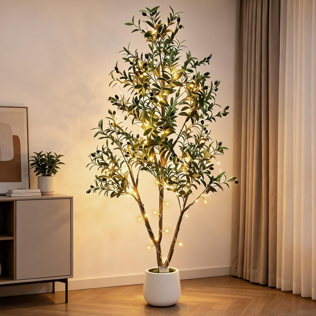 6FT Artificial Olive Tree Indoor with Lights & Planter, Realistic Faux Olive Trees with Lifelike Fruits Decor, Tall