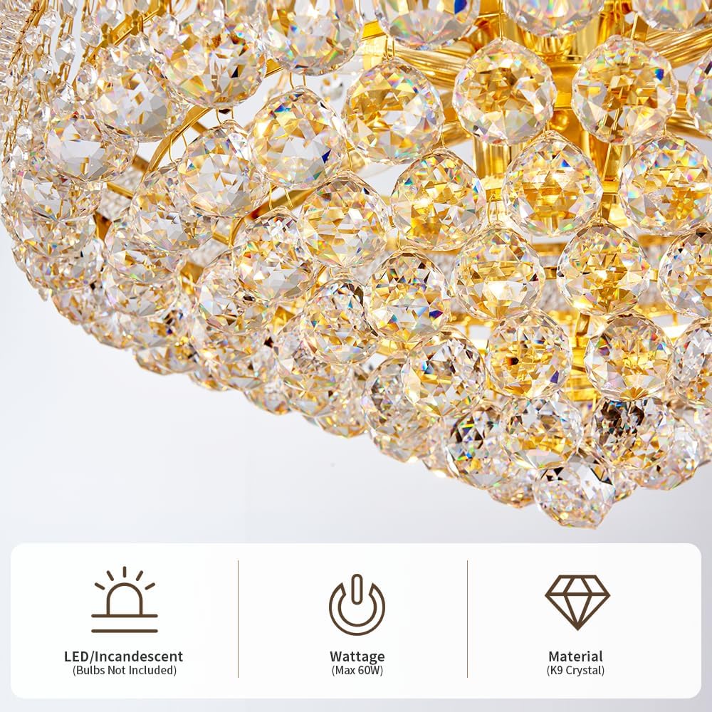 Modern Gold Crystal Chandelier Light - Diameter 23.6" Ceiling Haning Chandelier, Pendant Lighting for Living Room, Dining Room, Foyer, Entryway, Hallway