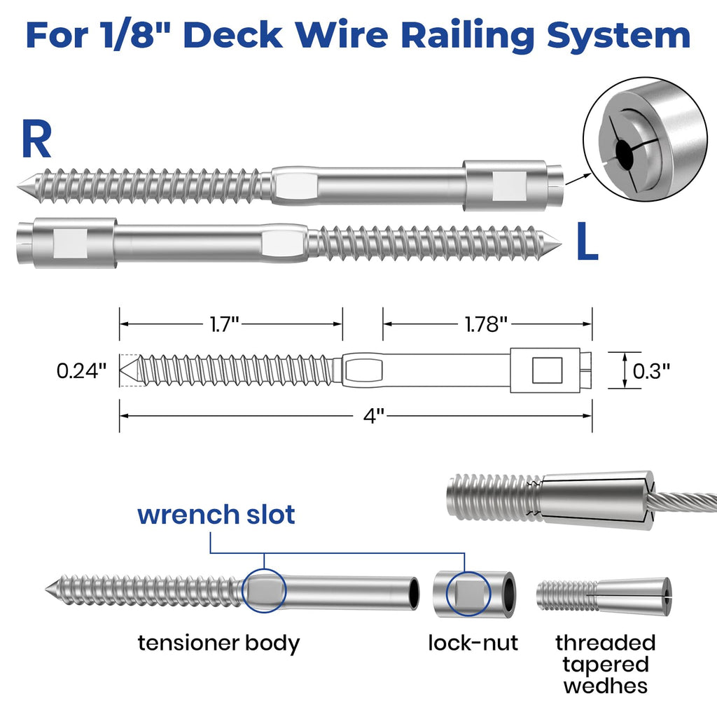 20Pack 1/8" Swageless Lag Screws Left & Right for Cable Railing