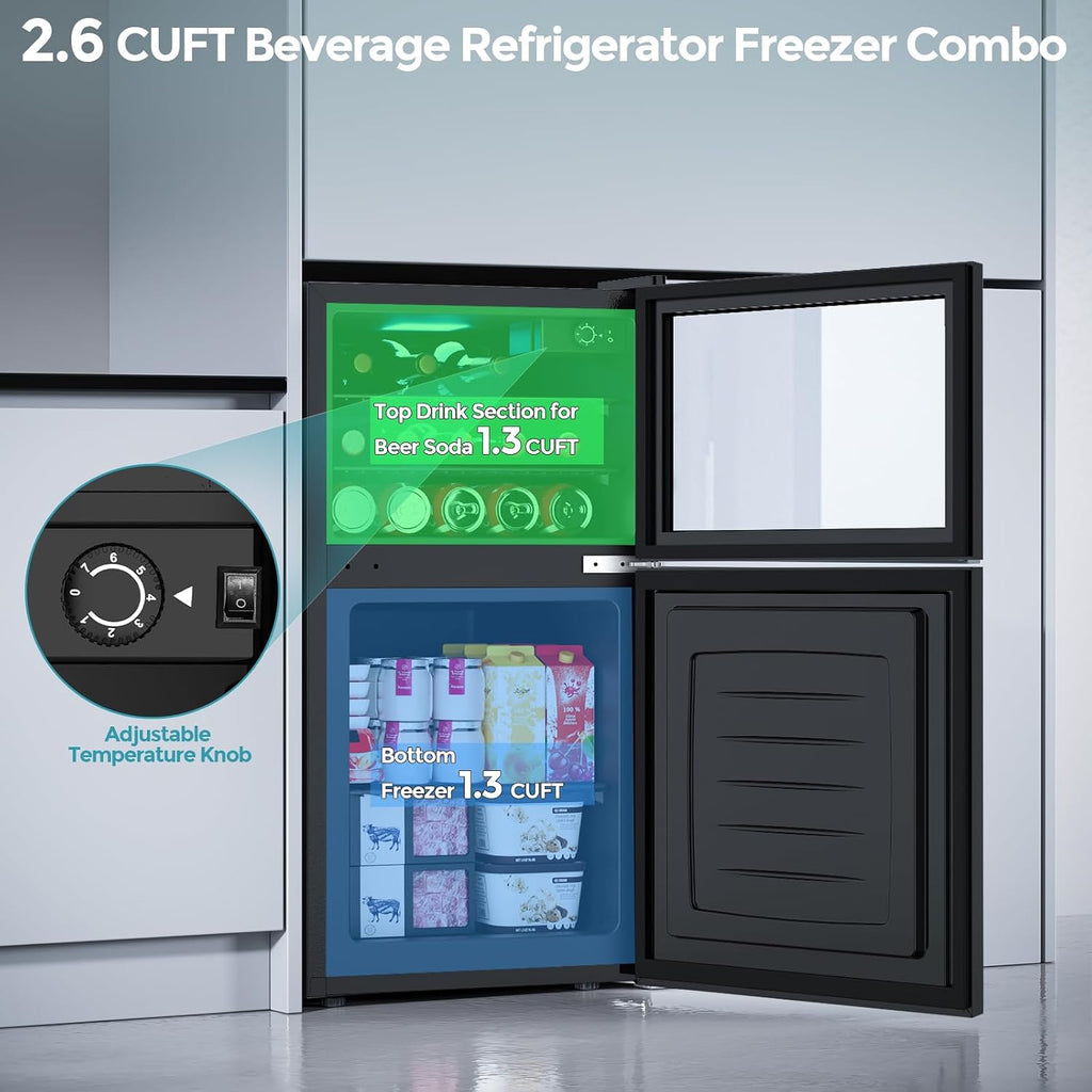 2.6 Cu.Ft Mini Fridge with Freezer, 2 Door Compact Refrigerator, Freestanding Beverage Wine Cooler for Bedroom