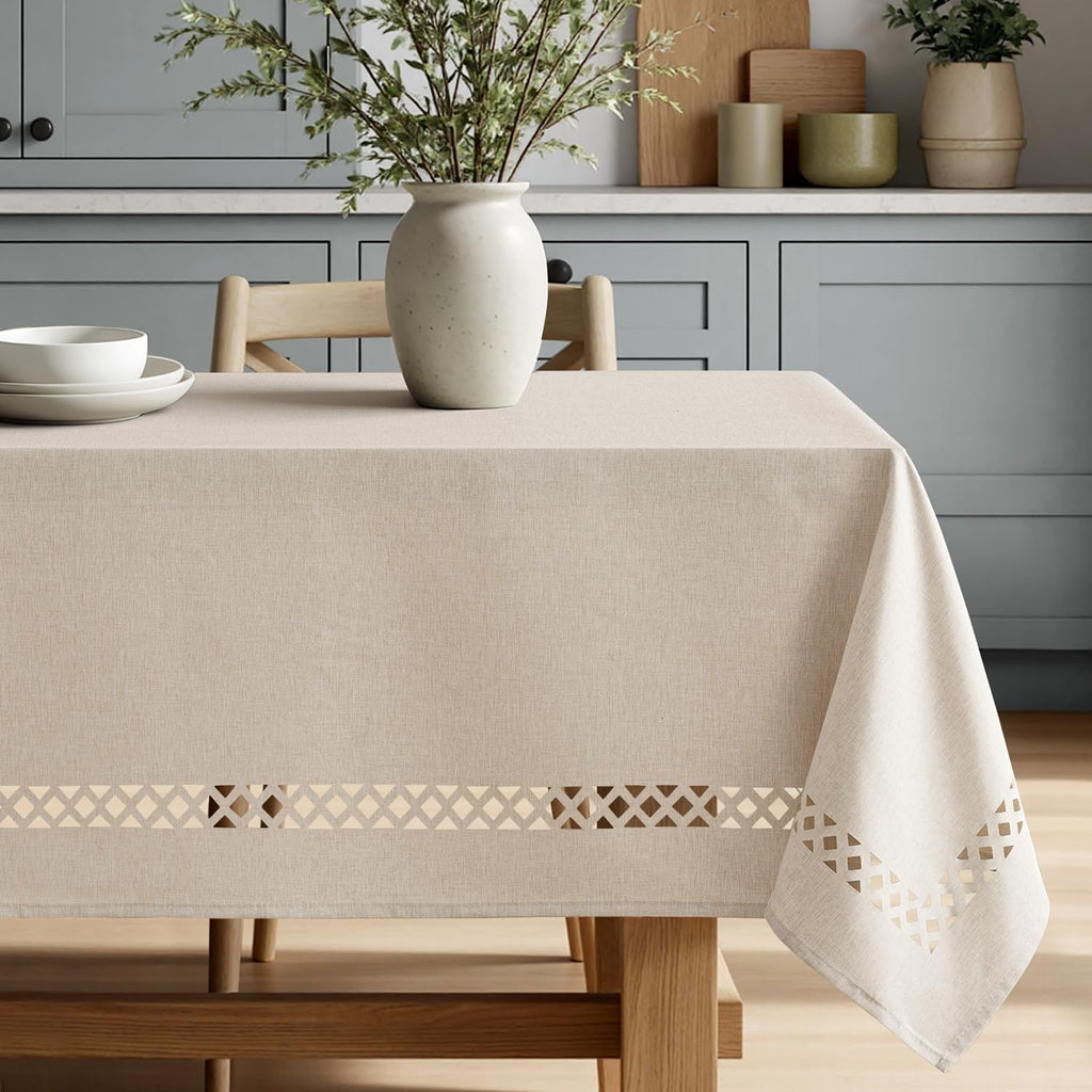 Beige Rectangle Linen Polyester Tablecloth with Decorative Cutouts Spring Waterproof Stain Resistant