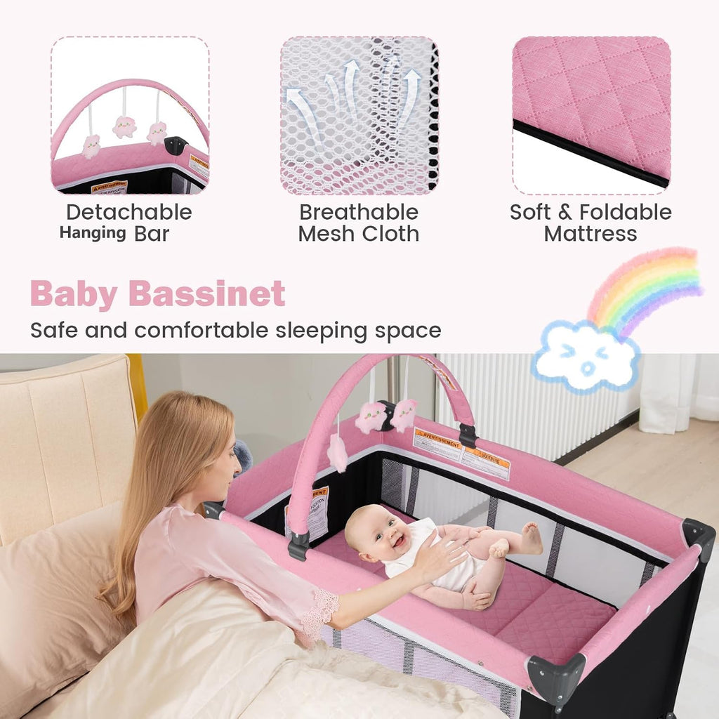 3 in 1 Pink Pack and Play, Travel Baby Crib Bassinet Bed with Bassinet for Girl, Changing Table w/Safety Belt
