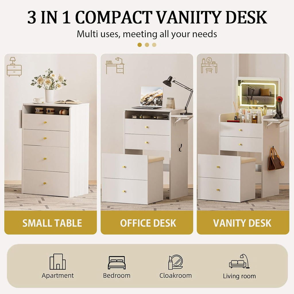 Makeup Vanity Desk with Mirror and Lights, Small 3 in 1 Vanity Table with Visible Glass Top, Flip Top & 3 Drawers
