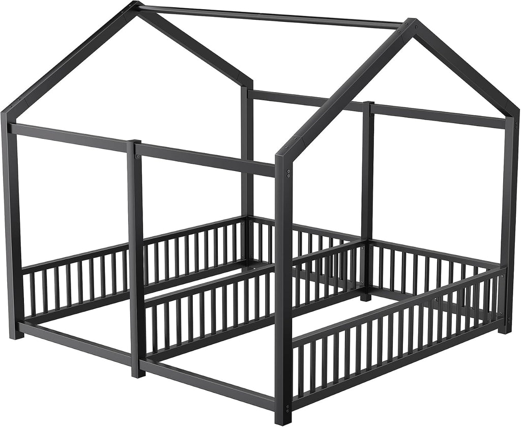 Twin Size Toddler Floor Bed,Double Bed Frames for Two Kids,Black | Montessori Floor Bed with Fence & Roof Design