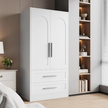 Armoire Wardrobe Closet with 2 Drawers, Modern Wooden Bedroom Armoire with Doors, Clothing Storage Cabinet with