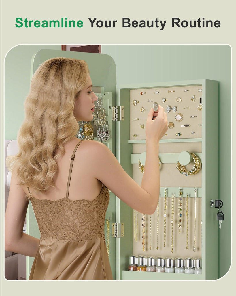 Rounded Mirror Jewelry Cabinet, Lockable, Wall Mounted, Green