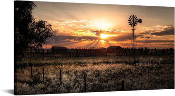 Large Size Wall Art Rural Landscape Pictures Decor Farmhouse Windmill at Sunset Scenery Photograph Painting Canvas