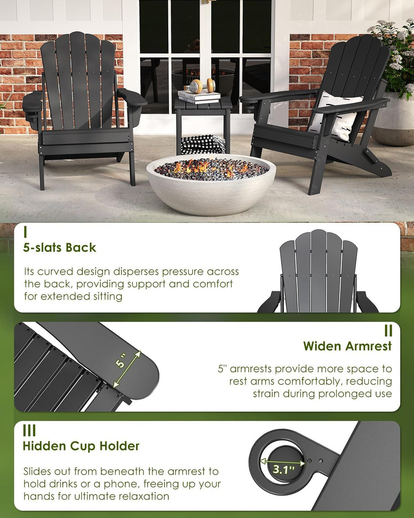 Oversized Folding Adirondack Chairs Set of 2, HDPE, Black | Cup Holder | 22" Extra-Wide | All Weather | Plastic Fire