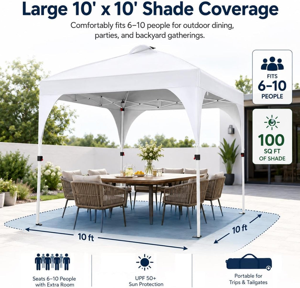 10x10ft Pop Up Canopy Tent Built-in Solar LED Lights UPF 50+, White