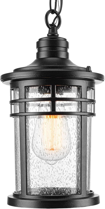 Outdoor Pendant Lights for Porch, Outdoor Chandelier Hanging Porch Lights Ceiling Mount Aluminum with Seeded Glass