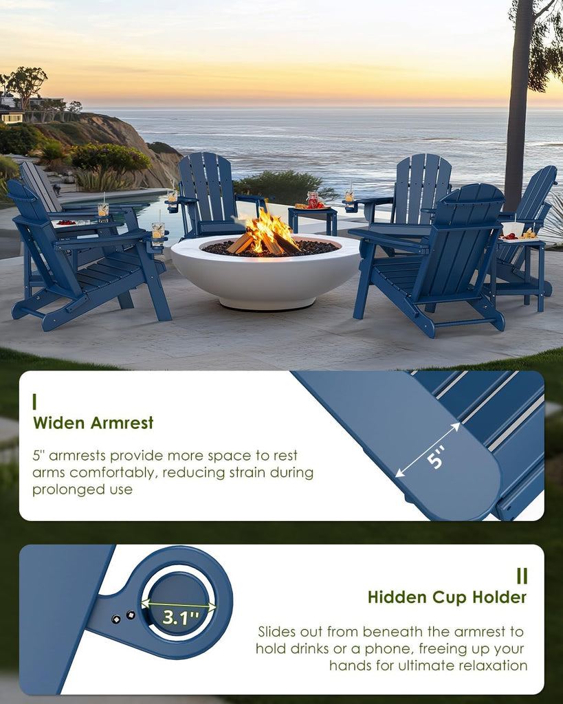 Folding-Adirondack-Chairs Set of 2, HDPE All Weather, Blue | Hidden Cup Holder | 5" Wide Armrests | Foldable Fire Pit
