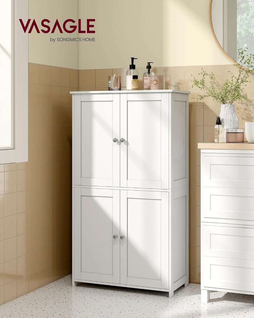 Floor Storage Cabinet, Shaker Cabinet with 2 Adjustable Shelves, 4 Doors, Tall Freestanding Organizer Unit, Bathroom