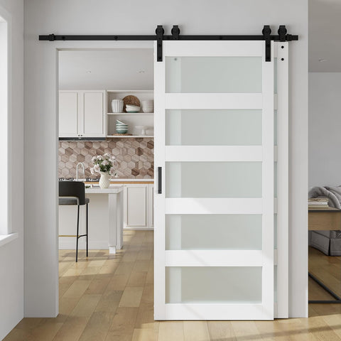 30in x 84in Double Glass Sliding Barn Door with 5FT Bypass Sliding Barn Door Hardware Kit, 5-Panel F