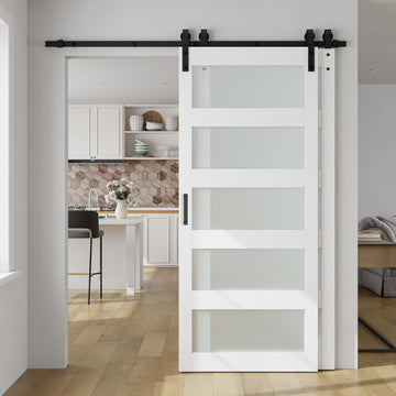 36in x 84in Double Glass Sliding Barn Door with 6.6FT Bypass Sliding Barn Door Hardware Kit, 5-Panel