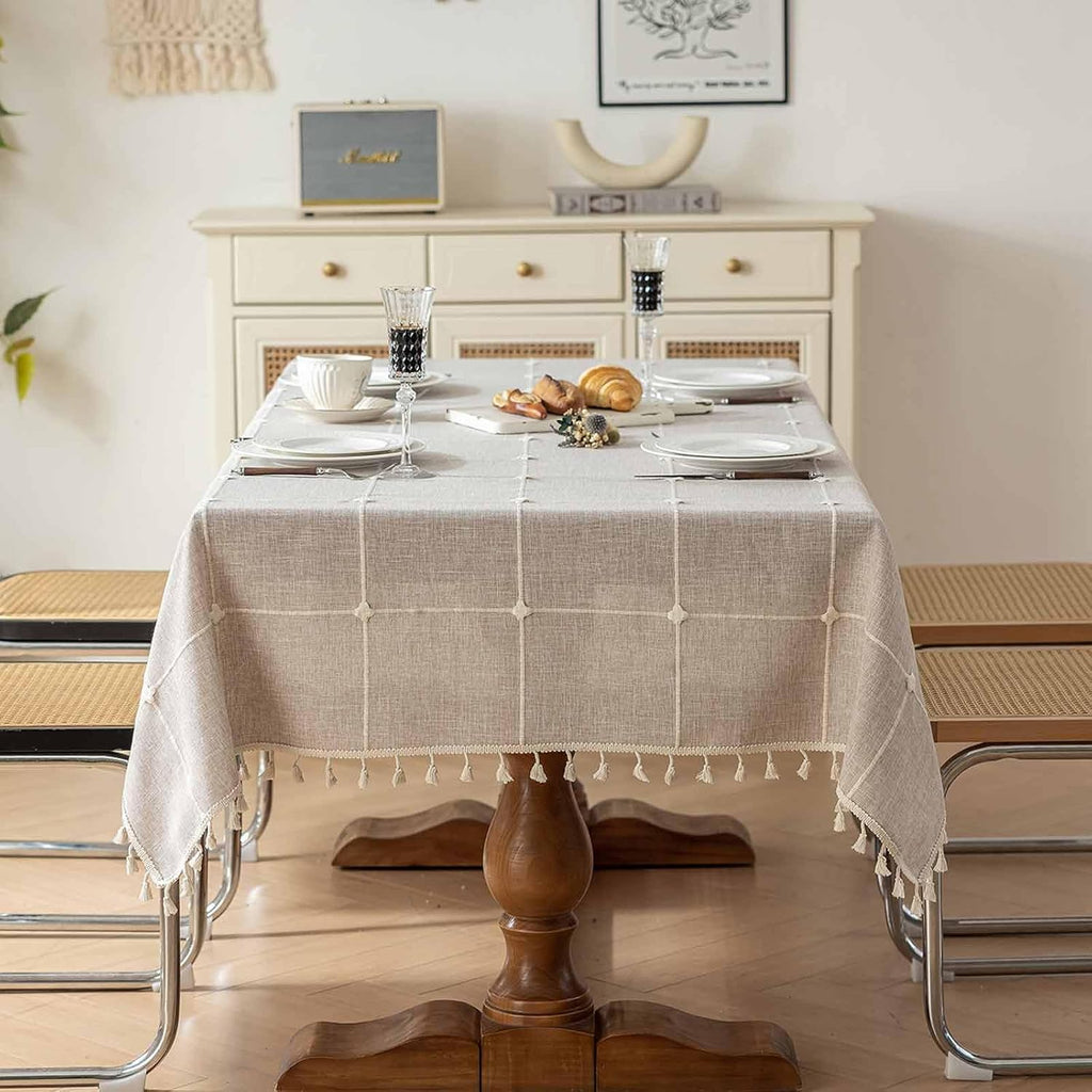 Rectangle Tablecloth Boho Grid with Tassels 55 x 84 Inch, Light Tan Embroidered Table Cloth Cover Heavy Weight Linen