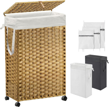 70L Slim Laundry Hamper with Lid & Wheels, Rolling Laundry Basket with 2 Removable Liner Bags & 3 Mesh Bags, Narrow