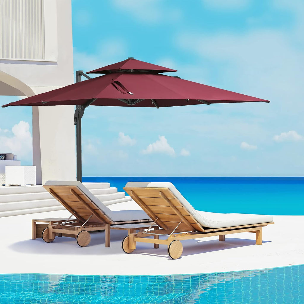 10ft Offset Patio Umbrella, Hanging Cantilever Umbrella, Square Shape, Aluminum Cross Base, Tilt, 360-Degree Rotation