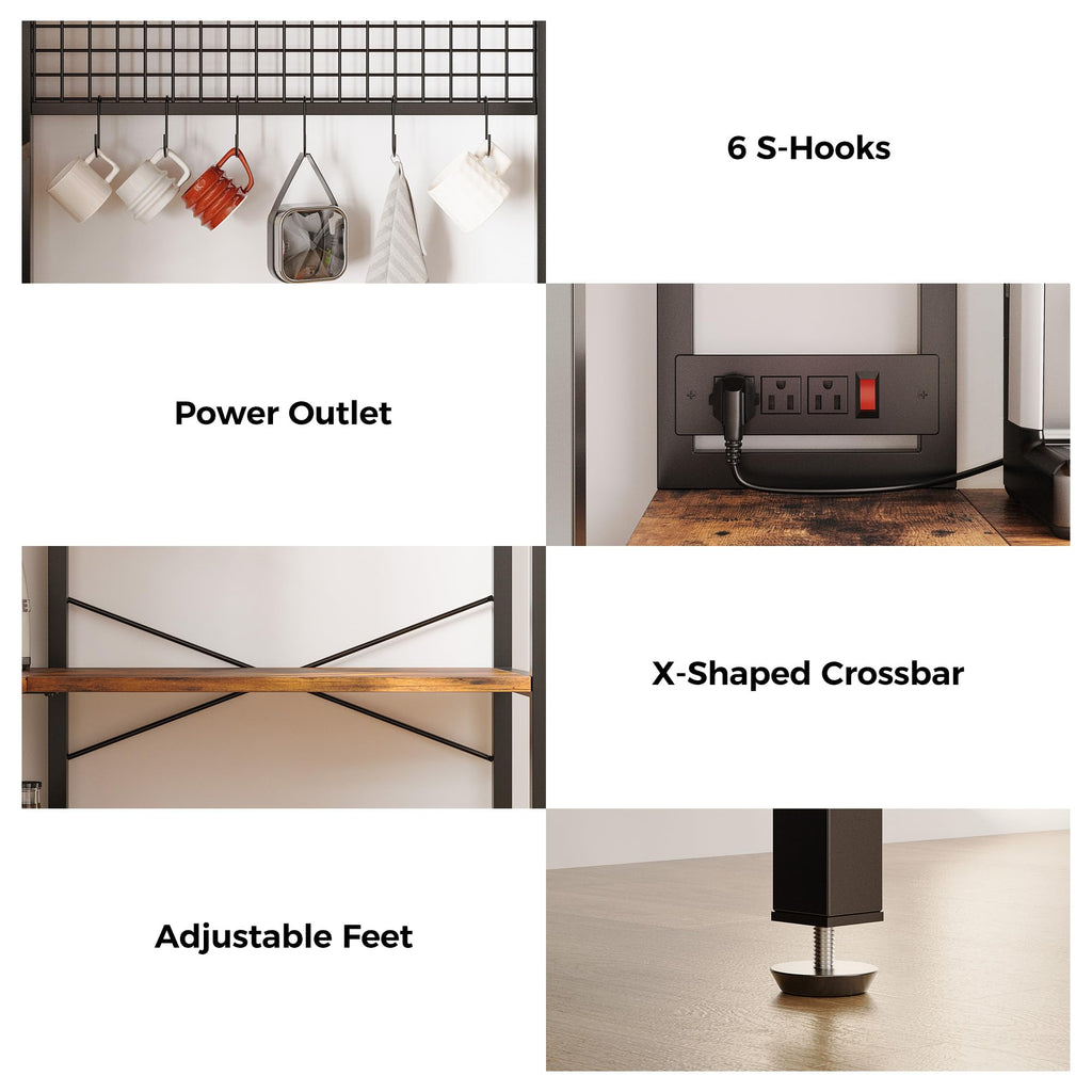 Bakers Rack with Storage, Corner Coffee Bar with Power Outlet