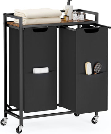 Laundry Sorter, 29 Gal. (110 L) Laundry Hamper Basket with 2 Compartments, Rolling Cart with Wheels, Shelf, Removable