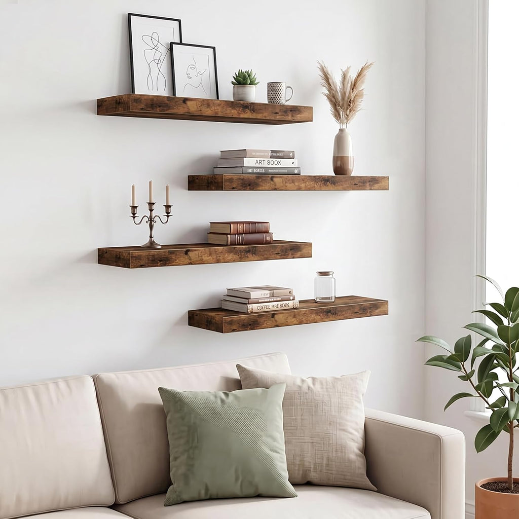 Floating Shelves for Wall Decor (Rustic Brown, Set of 4, 15.7 Inch) | MDF Shelves with Metal Brackets, Space Saving