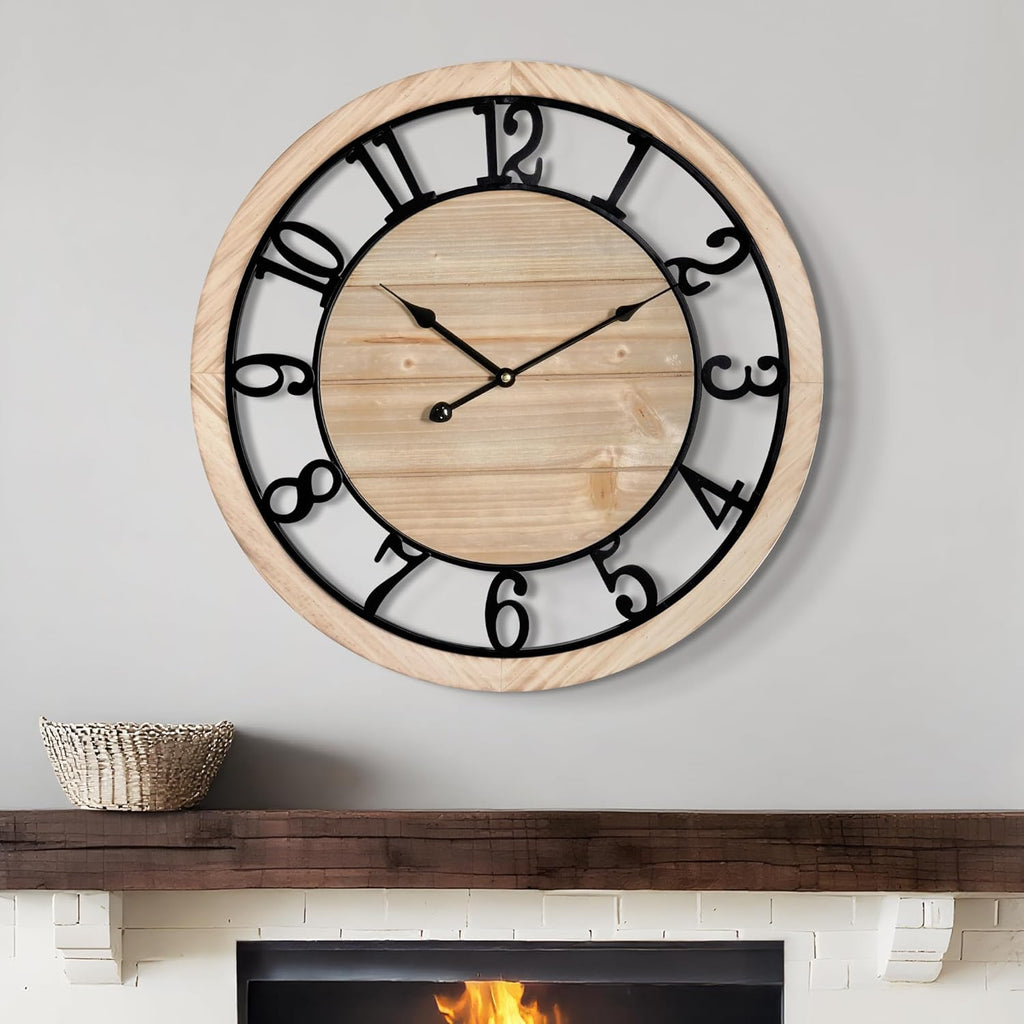 20 Inch Large Wall Clock - Rustic Wooden Silent Non-Ticking Wall Clock with Black Metal Frame