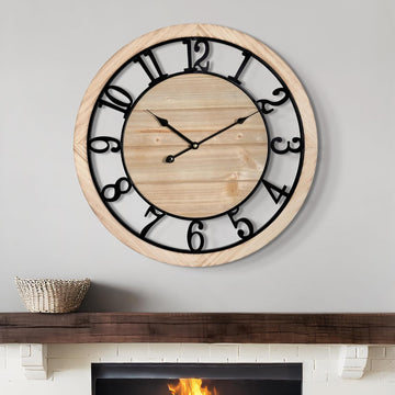 20 Inch Large Wall Clock - Rustic Wooden Silent Non-Ticking Wall Clock with Black Metal Frame