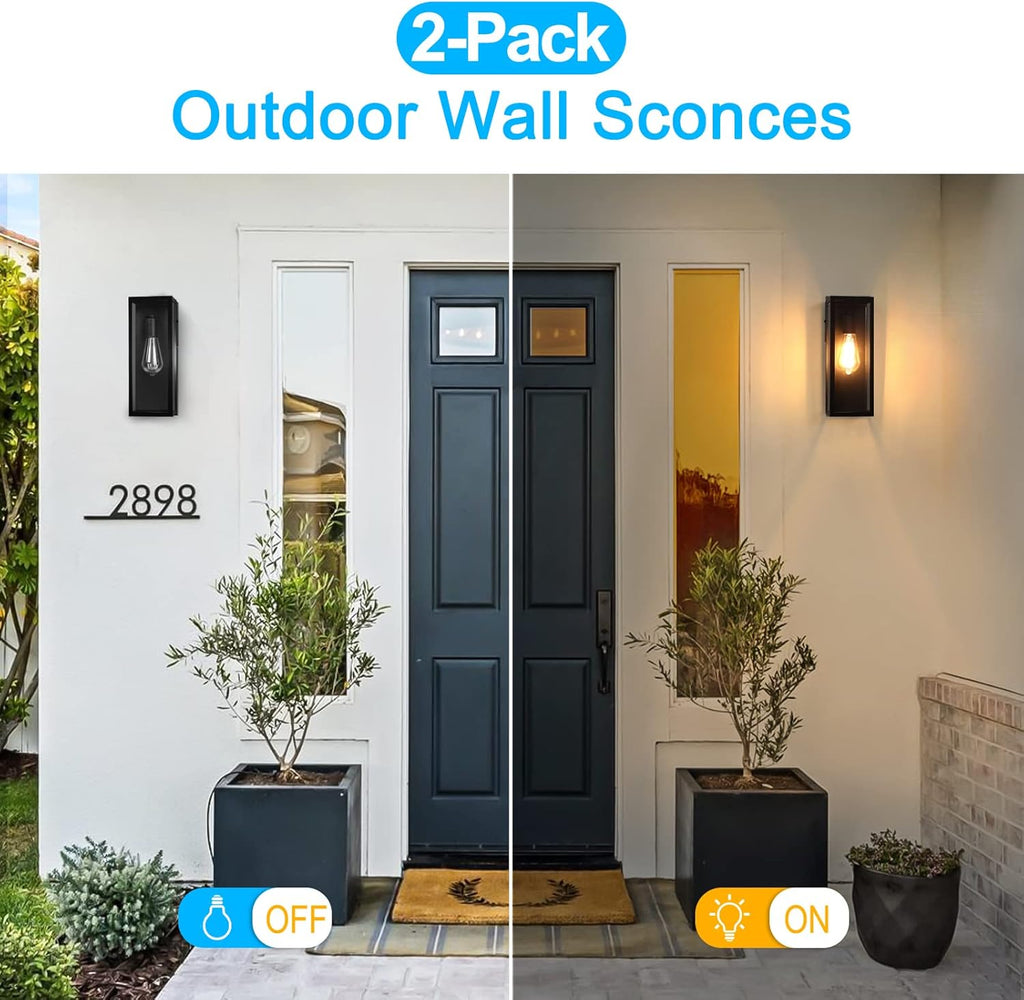 2-Pack Outdoor Wall Lanterns, Exterior Waterproof Wall Sconce with Glass Shades, Matte Black Porch Lights Wall Mounted