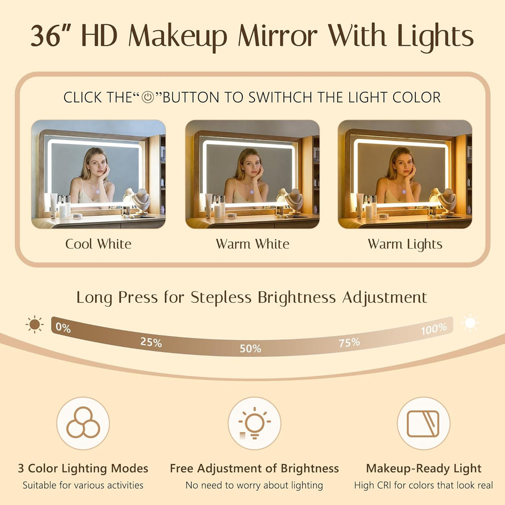 Vanity Desk with Mirror and Lights, 50" Modren Makeup Vanity with 35.43" Mirror and 5 Drawers, Makeup Table with