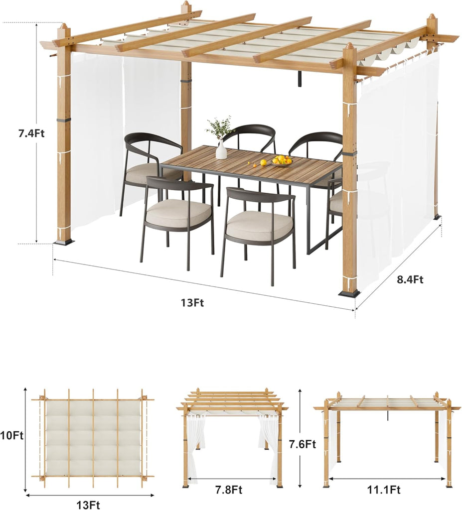10x13 ft Outdoor Retractable Pergola with Canopy and Side Mesh Screen