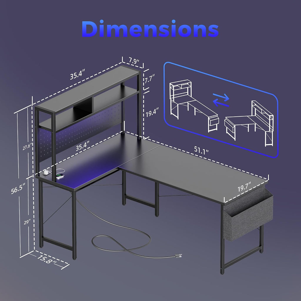 51 in L Shaped Desk with Pegboard, Reversible Corner Gaming Desk | Large Computer Desk with Hutch, Power Outlets, LED