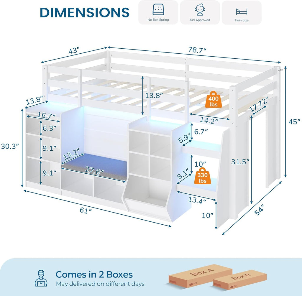 Low Loft Bed Twin with LED Lights, Wooden Kids Twin Loft Bed with Storage Bookcase, Toy Box