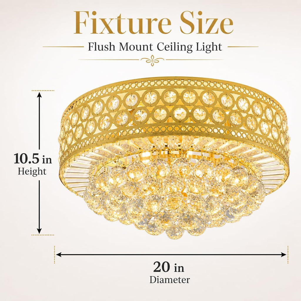 Luxury Crystal Ceiling Light Fixture, 20 inch Flush Mount Chandelier, Modern Round K9 Crystal Ceiling Light for