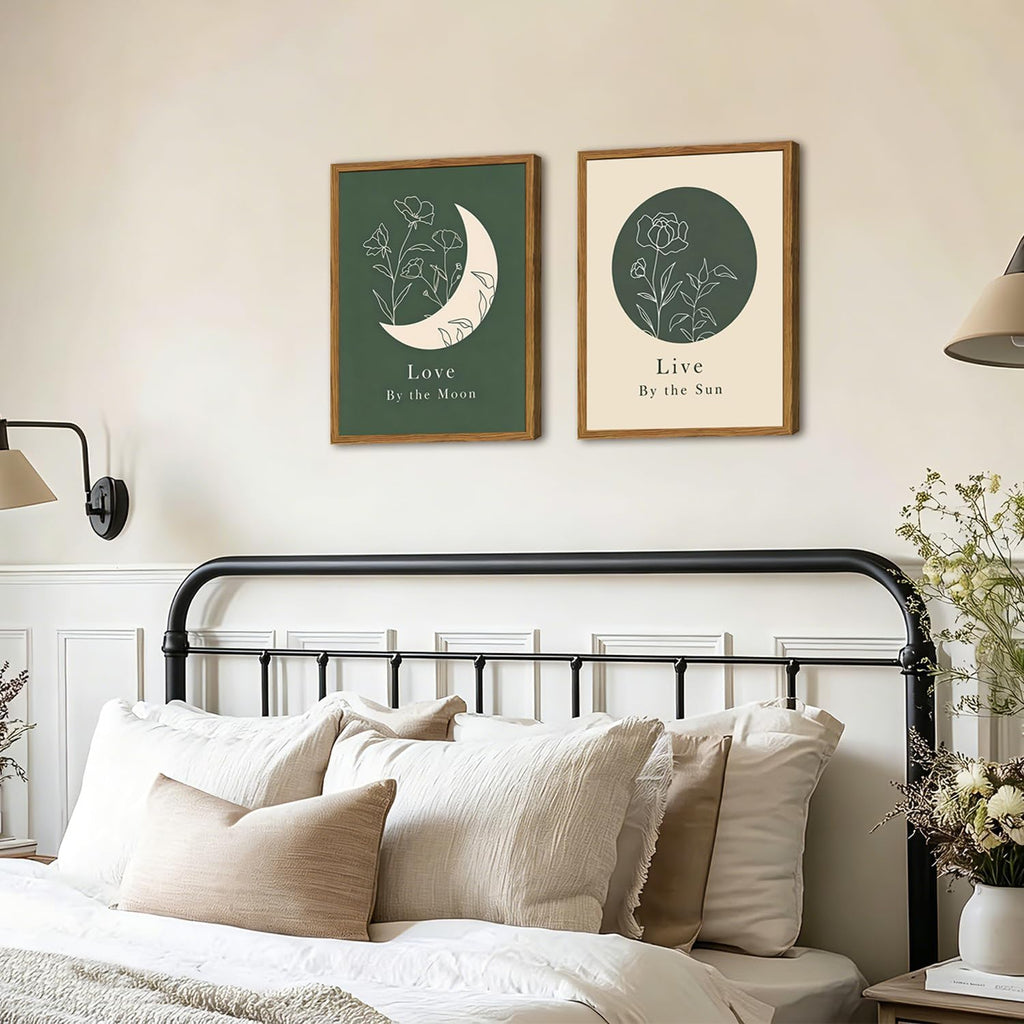 Framed Boho Sun and Moon Wall Art Set of 2, Sage Green Floral Line Pictures Wall Decor, Minimalist Quotes Paintings