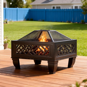 Update Version 26 Inch Wood Burning Fire Pit with Cooking Grill and Spark Screen, Outdoor Metal Firepit