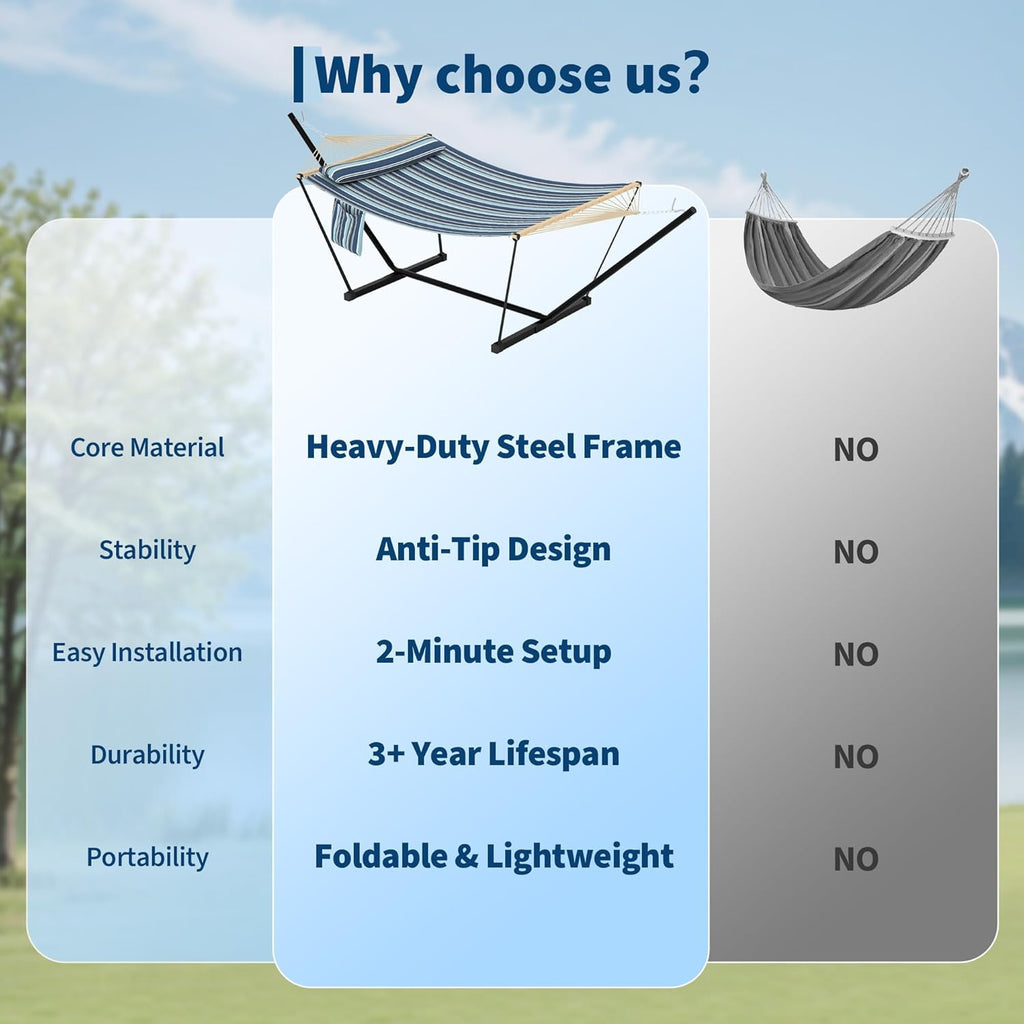 Double Hammock with Stand for Outdoor - Heavy Duty Portable 2 Person Hammock with Adjustable Steel Stand, 450 Lbs