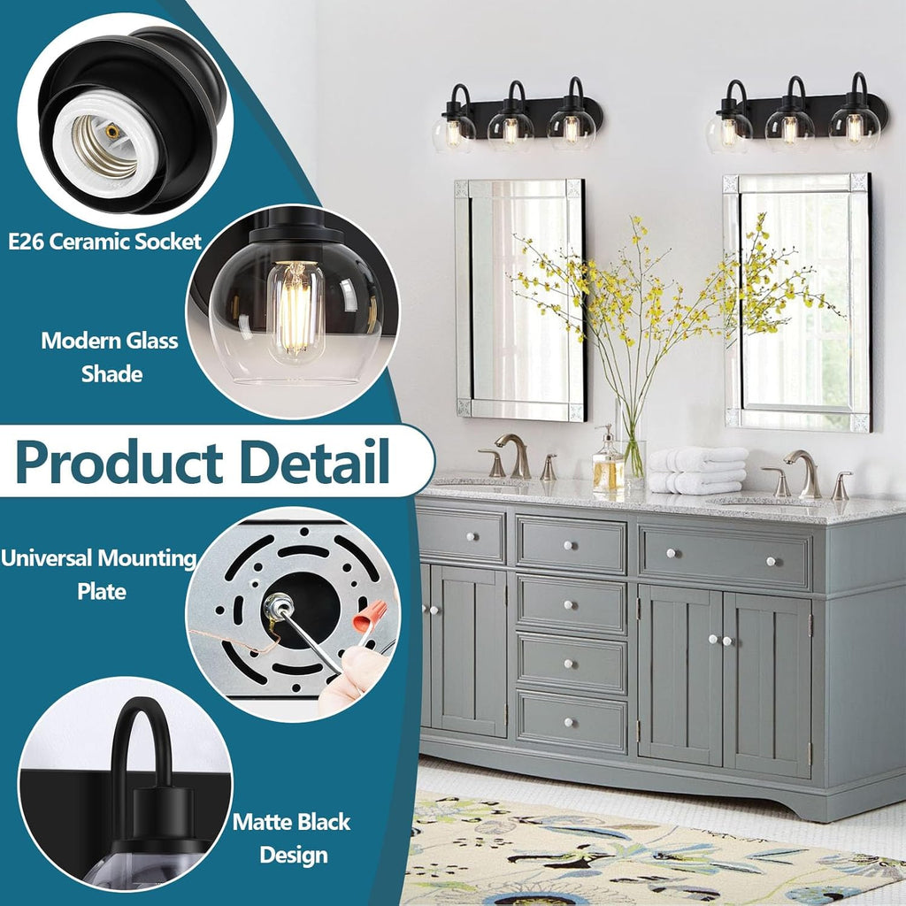 Bathroom Vanity Light,Modern 3-Light Bathroom Lighting Fixtures Over Mirror with Clear Glass Shade and Metal