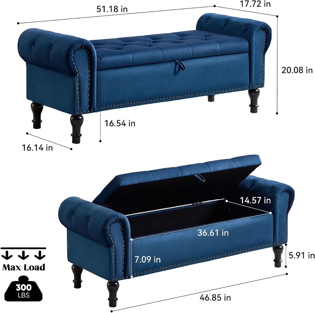 Storage Bench , 51" Upholstered End of Bed Bench, Velvet Queen Size Benches with Rolled Arms, Tufted Button Storage