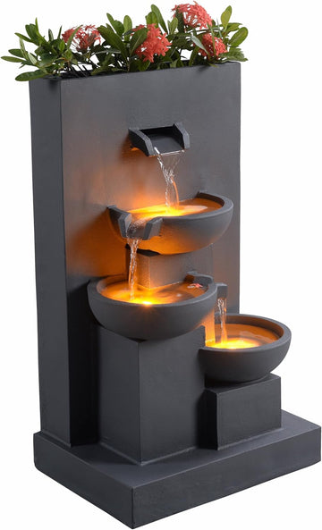 29.13" 3-Tier Cascading Outdoor Water Fountain with Planter, LED Lights Living Spaces, Matte Gray