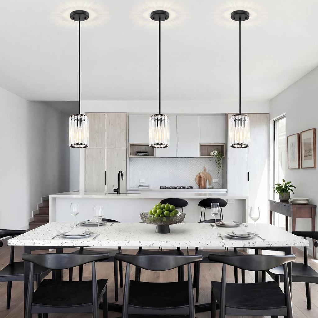 Black Pendant Light, Modern Crystal Pendant Lights Kitchen Island, Kitchen Island Lighting with Adjustable Height, UL